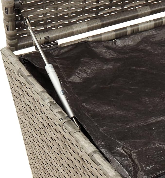 Large 74.8 Gal Outdoor Storage Box with Wheels, Gray PE Rattan Patio Furniture for Cushions Blankets, Waterproof Garden Deck Box with Gas Spring Lid & Steel Frame, Easy Assembly