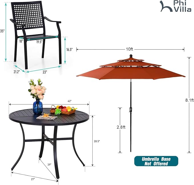 PHI VILLA Outdoor Round Table Set w/Umbrella, 5pc Patio Metal Furniture | 42" wrought iron table & stackable chairs for 4. 10ft red umbrella. Perfect for deck, porch, backyard.