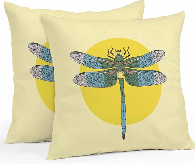 Throw Pillow Covers 24x24 Inch Set of 2, Blue Dragonfly Waterproof Outdoor Pillow Covers, Yellow Vintage Art Decorative Cushion Pillowcases for Couch, Sofa, Bed, Garden, Patio