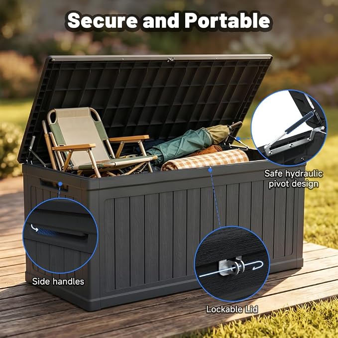 Saiveina 260 Gallon Large Outdoor Storage XXL Deck Box for Patio Furniture, Outdoor Cushions, Garden Tools and Sports/Pools Equipment, Waterproof Resin, Lockable, Black