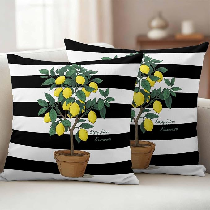 Outdoor Waterproof Throw Pillow Covers, Summer Lemon Decorative Pillow Cases, Black White Striped Potted Plant Couch Pillow Protector Patio Sofa Cushion Covers Replacement 18"x18" 2 Pack