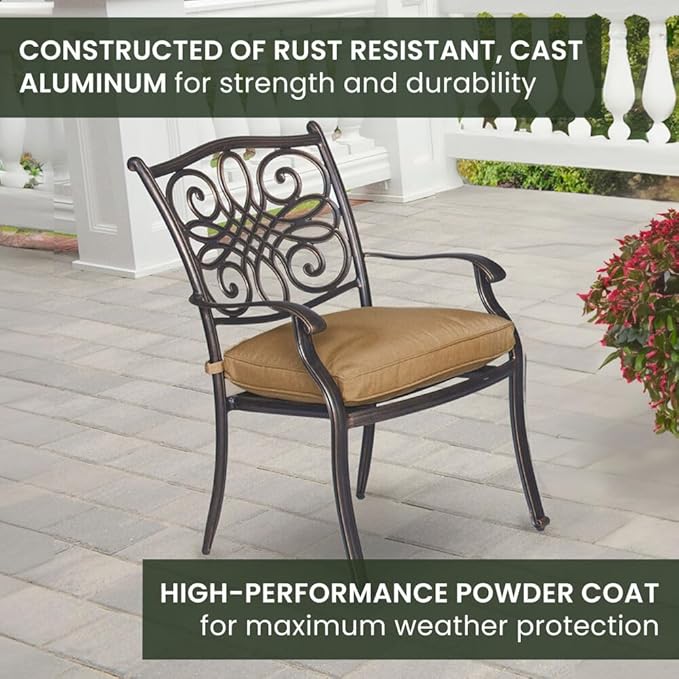 Hanover Traditions 9-Piece Patio Dining Set with 60" Square Cast-Top Dining Table and 8 Chairs with Tan Cushions, Modern All Weather Outdoor Dining Set with Rust-Resistant Aluminum Frames for Backyard