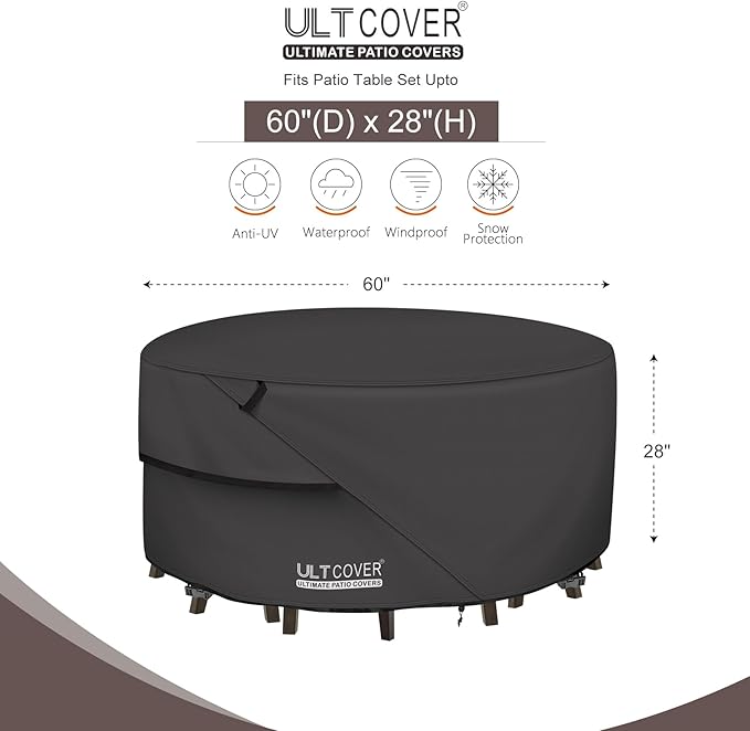 ULTCOVER Round Patio Furniture Cover - Outdoor Waterproof Table with Chair Set Cover 60 inch, Black