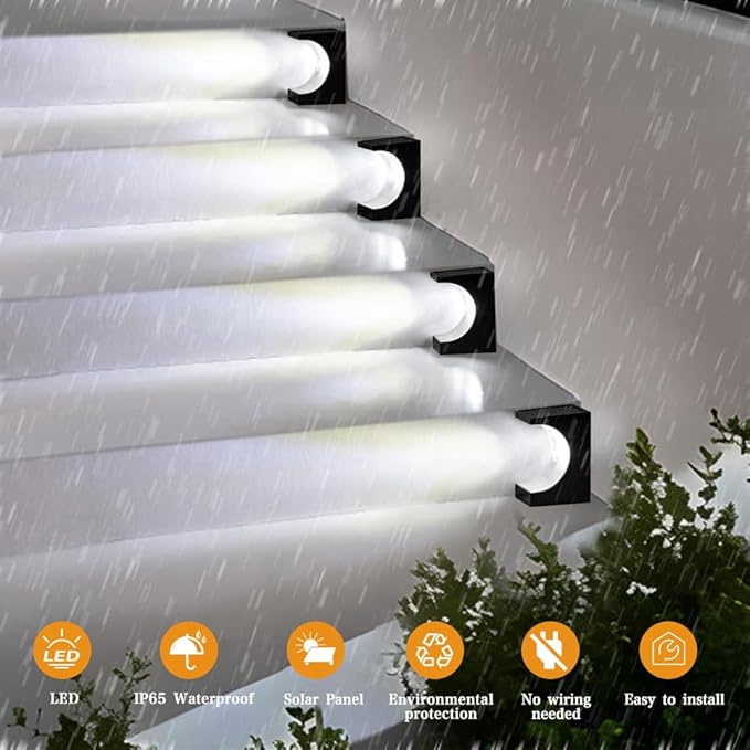 Upgraded Wireless Solar Step Lights. 5X Longer Life Than Ordinary. Strong 3M Adhesive + Screws. IP65 Waterproof for Stairs/Decks/patios. Reliable Performance(Cool White4 Pack)