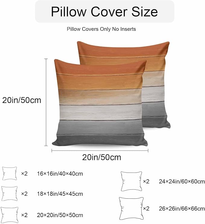 Orange Gray Outdoor Pillow Covers 18x18 Inch Throw Pillow Covers Set of 2 Waterproof Decorative Pillow Cases Farmhouse Retro Gradient Wooden Grain Cushion Covers for Patio Furniture Garden Couch Sofa