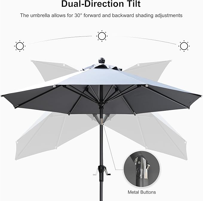 PURPLE LEAF 8' Round Patio Umbrella Outdoor Table Umbrella Aluminum Frame Market Umbrella Sun Umbrella with 8 Sturdy Ribs & Tilt for Garden Deck Lawn & Pool Light Gray
