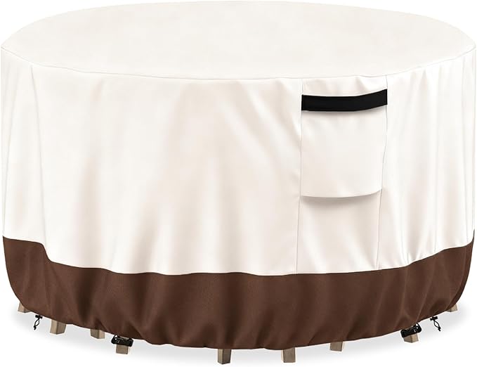Outdoor Round Table Cover Waterproof Patio Furniture Covers,Patio Round Table Chair Set Covers - 62" Dia x 34" H (Beige & Brown)
