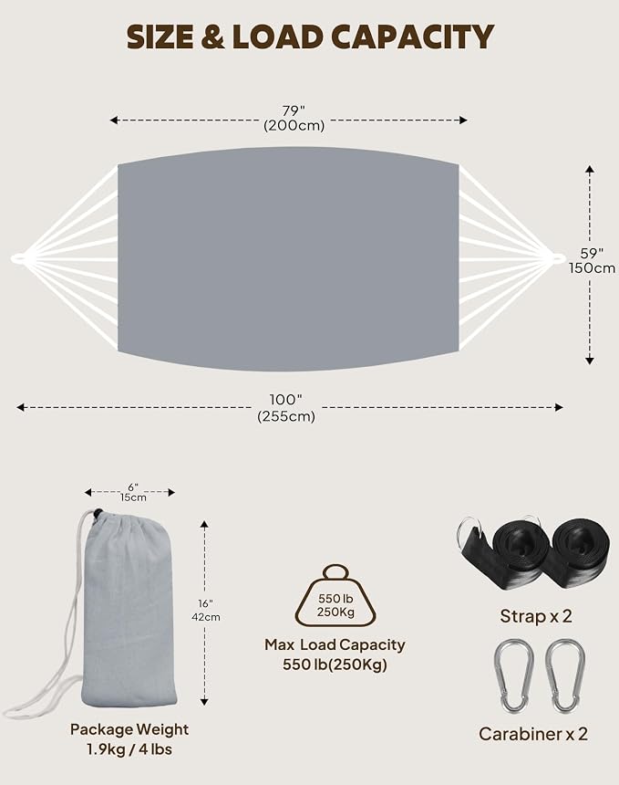 ANYOO Cotton Hammocks Portable Hammock with Tree Straps Easy Setup Indoor/Outdoor Hanging Bed 550lbs Capacity Perfect for Backyard Camping Travel