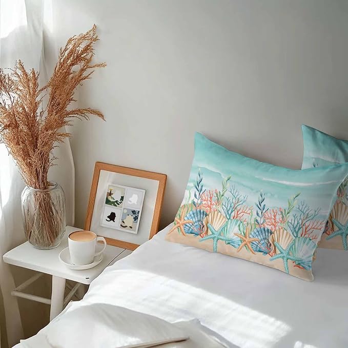Lumbar Pillow Covers 20x12 Inch Set of 2, Coastal Beach Waterproof Outdoor Pillow Covers, Ocean Wave Summer Sea Starfish Coral Teal Beige Decorative Cushion Pillowcases for Couch, Sofa, Bed, Patio