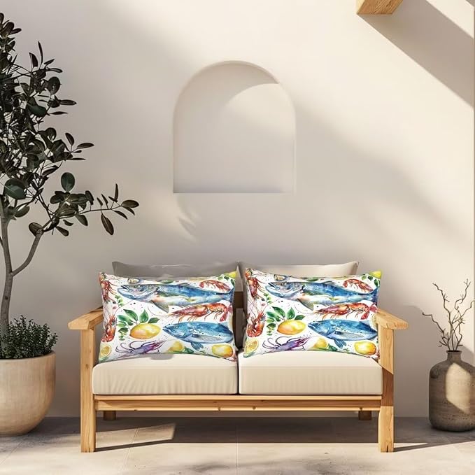 Outdoor Pillows Waterproof Set of 2 Outdoor Pillow Covers 16x24 Inch, Lemon Throw Pillows Fish Pillow Covers, Summer Garden Decorative Pillows Outdoor Pillows for Patio Furniture Car Home Decor -hs242