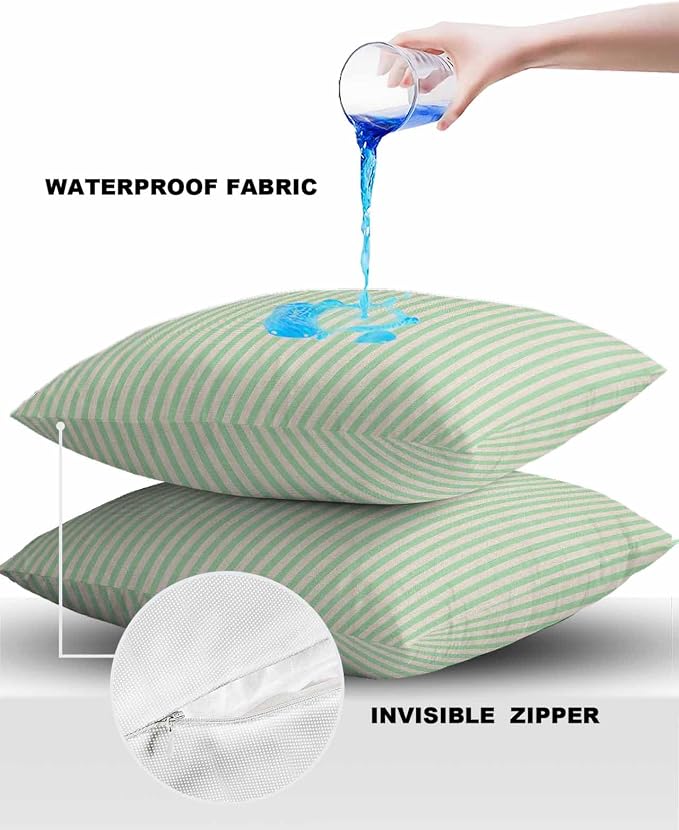 Outdoor Waterproof Throw Pillow Covers Set of 2 Green Stripes Pillowcases 20x20 Inches Linen Classic Vertical Striped Patio Decorative Pillows Cushion Case Patio Pillows for Couch Bed Chair Garden