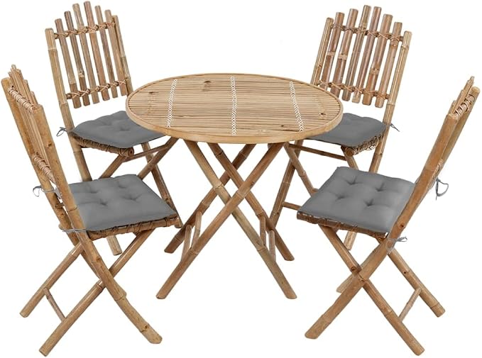 5 Piece Folding Bamboo Patio Dining Set with Cushions, Outdoor Table and Chairs for Al Fresco Dining, Solid Bamboo Construction, Waterproof and Easy to Clean