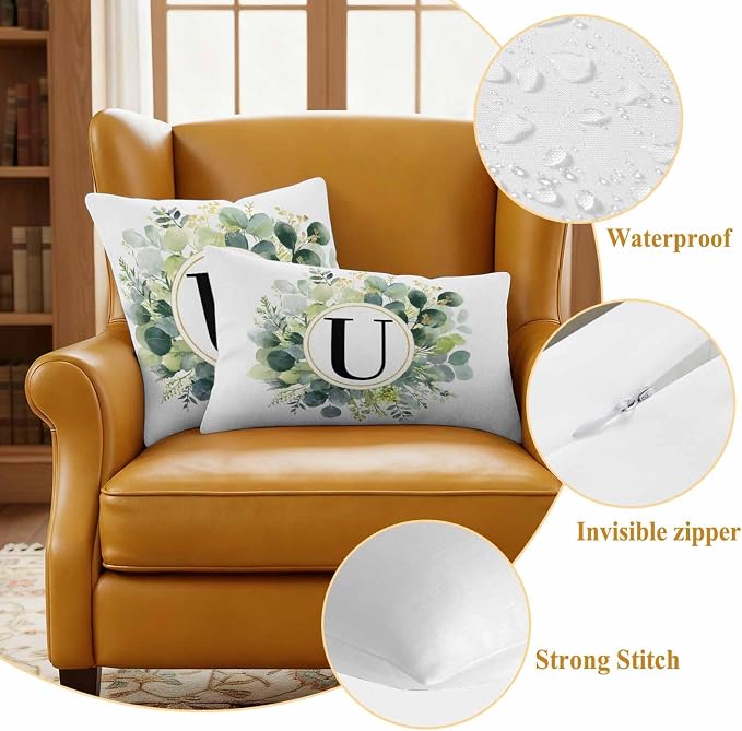 Letter U Waterproof Outdoor Pillow Covers Set of 2 Home Decor, Alphabet Green Eucalyptus Leaves Lumbar Pillowcase Patio Pillow Covers for Couch Bench Patio Furniture Garden 20x20in