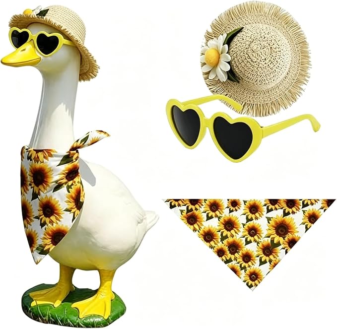 Sunflower Porch Goose Outfits, Goose Statue Clothes with Straw Hat + Heart Sunglasses + Sunflower Triangle Bandana for 17'' / 23'' Lawn Statues Outdoor Garden Yard Decor