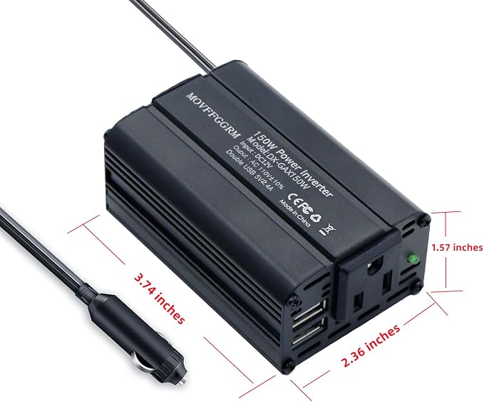 150W Power Inverter 12V DC to 110V AC Car Plug Adapter Outlet Converter with 2.4A Dual USB AC car Charger for Laptop Computer