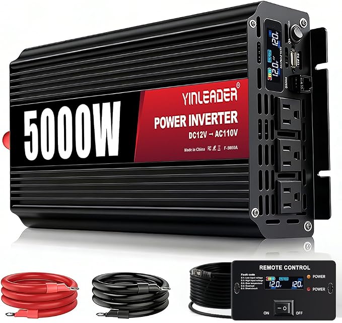 5000 Watt Power Inverter 12v to 110V/120V Converter Peak Power 10000W with 3 AC Outlets,1 USB Port, Remote Controller & LCD Screen DC to AC Inverter for RV Camping Off-Grid Solar Inverter Systems