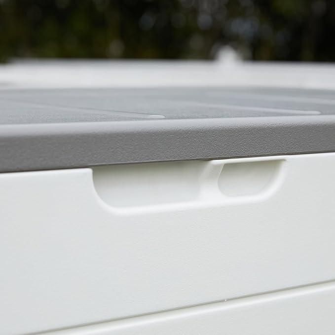 Mrosaa 110 Gallon Deck Box Waterproof,Double-Wall Resin Outdoor Storage Boxes, Deck Storage for boat slip storage,Cushions, Pool Float, Garden Tools,Patio Furniture, Lockable (OFF-WHITE)