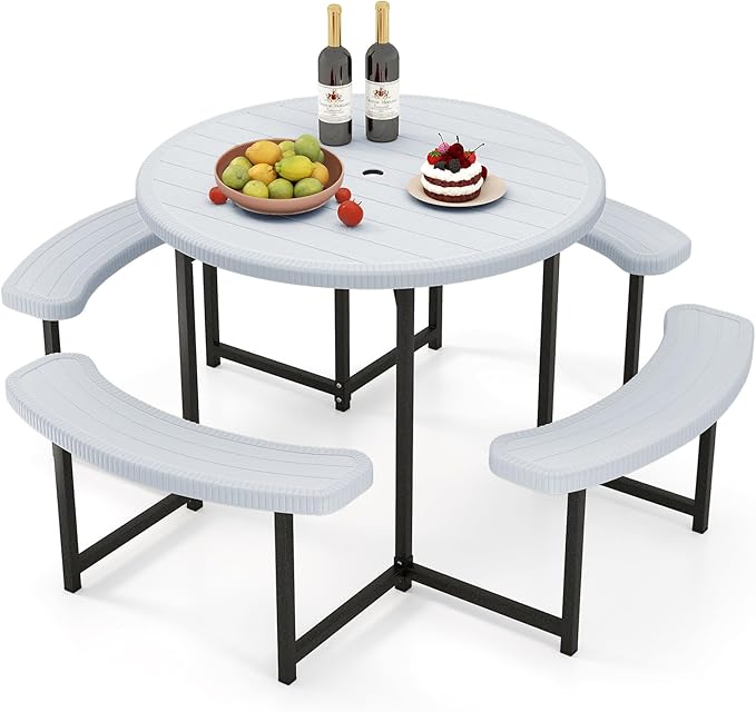 Byroce 6-8 Person Picnic Table for Outdoors, HDPE Picnic Table Set with 4 Benches, Umbrella Hole & Metal Frame, Heavy Duty Round Dining Table Chairs for BBQ Party in Patio, Yard & Poolside (White)