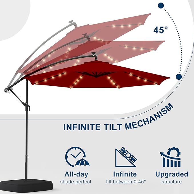 10FT 40-LED Solar Lighted Patio Umbrella with Base Included, Outdoor Offset Cantilever Umbrella, Infinite Tilt, UV Protection for Backyard, Lawn, Garden & Pool