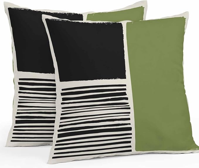 Throw Pillow Covers 26x26 Inch Set of 2, Sage Green Black Waterproof Outdoor Pillow Covers, Farmhouse Striped Modern Abstract Art Decorative Cushion Pillowcases for Couch, Sofa, Bed, Garden, Patio