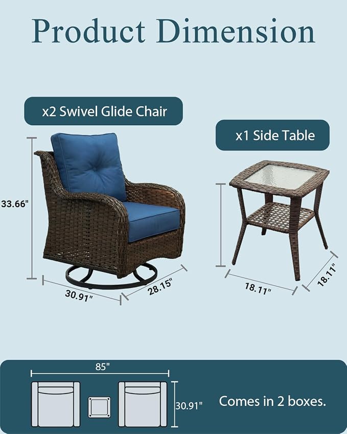 Patio Furniture Set, 3PCS Outdoor Wicker Conversation Set Porch Furniture with 6" Thick Cushions, High Back Swivel Chairs, Weather Resistant Olefin Fabric for Garden, Poolside, Navy Blue
