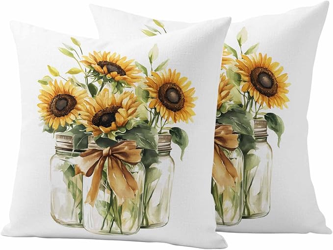 Sunflower Outdoor Waterproof Throw Pillow Covers Set of 2, 18"x18", Summer Watercolor Flower Bottle Retro Farm Decorative Pillow Covers Outside Cushion Case for Patio Porch Garden