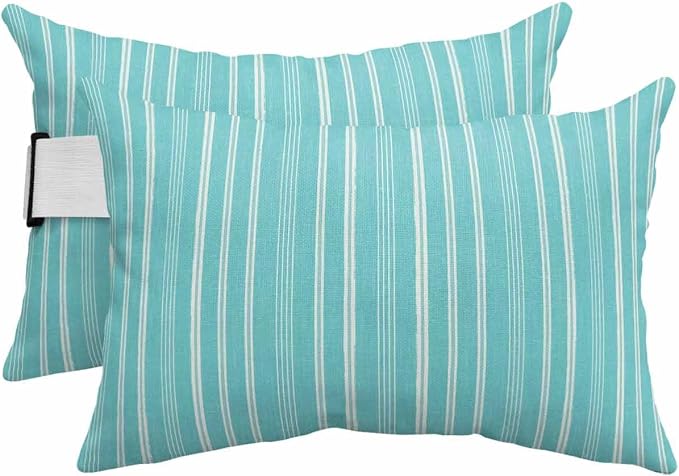 Pack of 4 Outdoor Lumbar Pillow Covers 12x20 Inch, Teal Blue Striped Waterproof Throw Pillow Covers Set, Farmhouse Stripes Modern Vintage Indoor&Outdoor Decorative Cushion Cases for Patio Porch Car