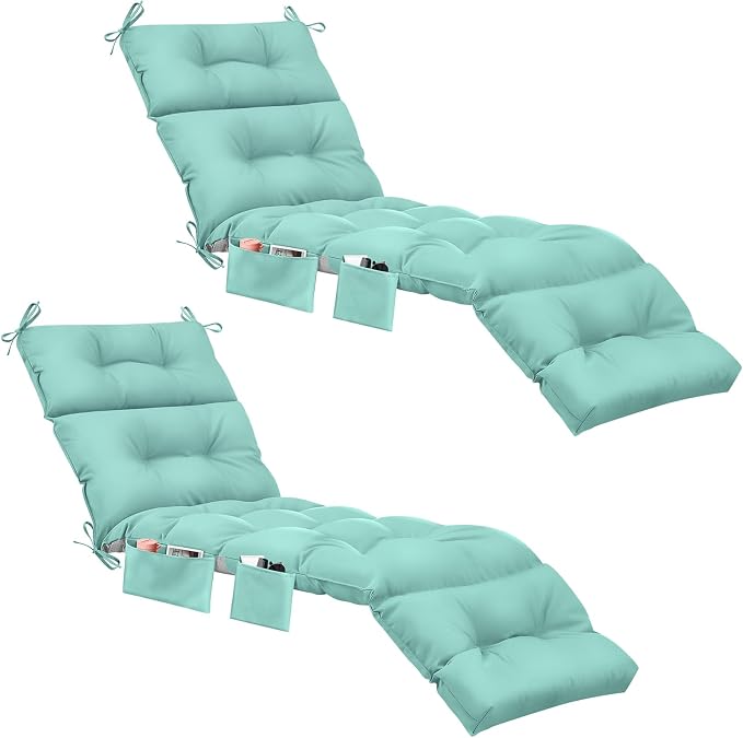 Kigley 2 Pcs Outdoor Chaise Lounge Cushions with 3 Side Pocket 74.5 x 22 x 4.7 Inch Patio Chaise Lounge Cushion, Water-Repellent and Fade-Resistant Tufted Summer Replacement (Light Green)