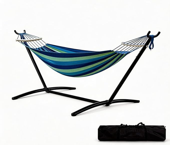Double Hammock with Steel Stand, Outdoor Portable Hammocks Accommodates with 450Lb Capacity 2 People& Portable Carry Bag for Outside Camping Garden Yard,Rainbow