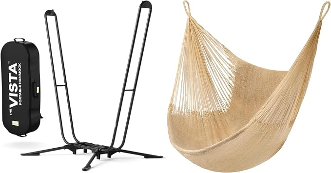 Handwoven Hammock & Charcoal Vista Stand by Yellow Leaf Hammocks - Hanging Chair, Fits 1 Person, 330lb max - Weathersafe, Easy to Hang & Setup, Ultra Soft, Artisan Made - Hammock Color: Natural Khaki