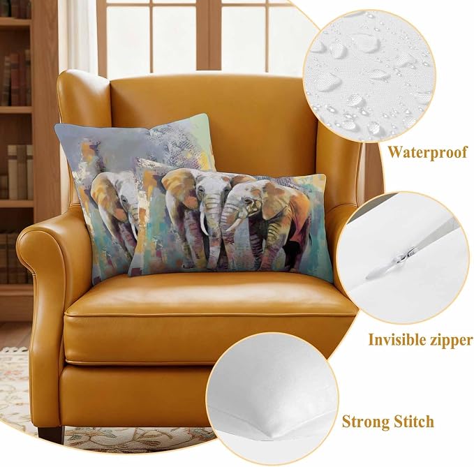 Elephants Outdoor Pillow Covers 16"x16" Set of 2, Animal Abstract Splatters Bohemian Waterproof Throw Pillow Covers for Patio Furniture, Decorative Cushion Covers for Porch