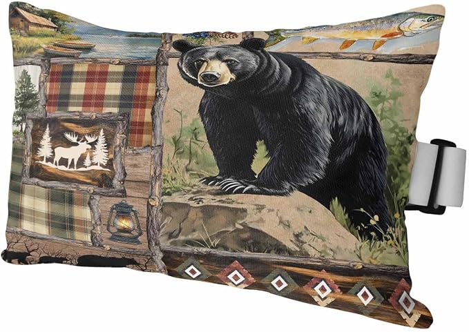 Pack of 2 Outdoor Lumbar Cushions Pillows, Vintage Forest Black Bear Classic Checkered Wood Grain Waterproof Fluffy Fade Body Pillows, Patio Furniture Pillow for Home Balcony Garden Decor 12x20IN