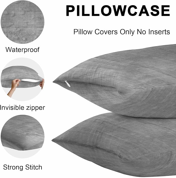 Vandarllin Outdoor Throw Pillows Covers 24x24 inch Set of 2 Waterproof Grey Linen Decorative Zippered Cushion Covers for Patio Furniture, Solid Color Texture Lumbar Pillowcases