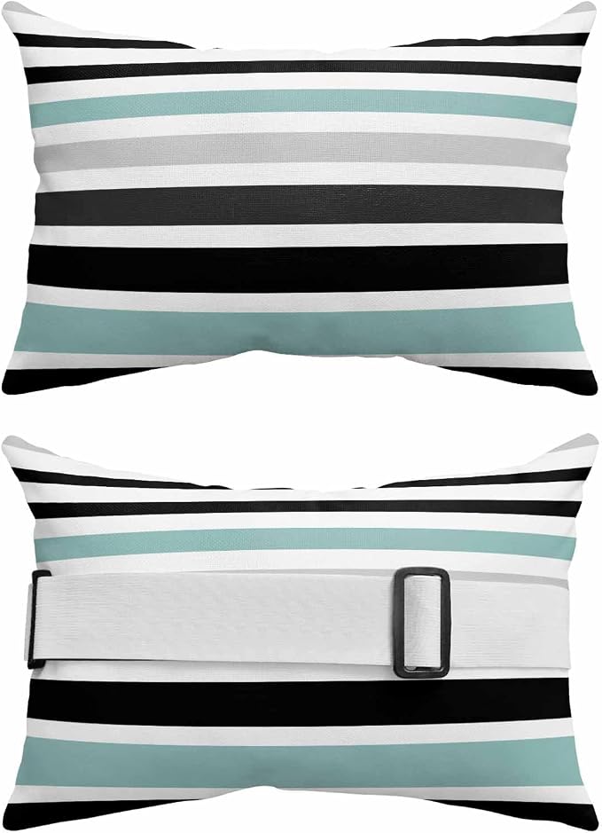 Turquoise Black Stripe Outdoor Pillows for Chaise Lounge Chair Beach Headrest Pillow Set of 2 Waterproof Lumbar Pillows with Insert Modern Abstract Coarse Striped Neck Pillow for Patio Pool 12"x20"
