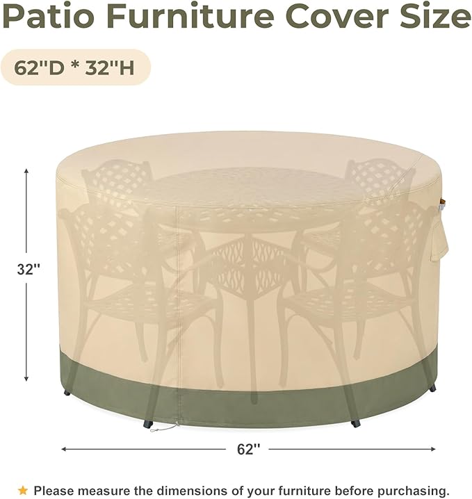 BPS Waterproof Patio Table and Chairs Cover, 600D Anti-UV Outdoor Dining Furniture Set Cover with Air Vent and Storage for Patio Round Sectional Set, 62''Dia x 32''H