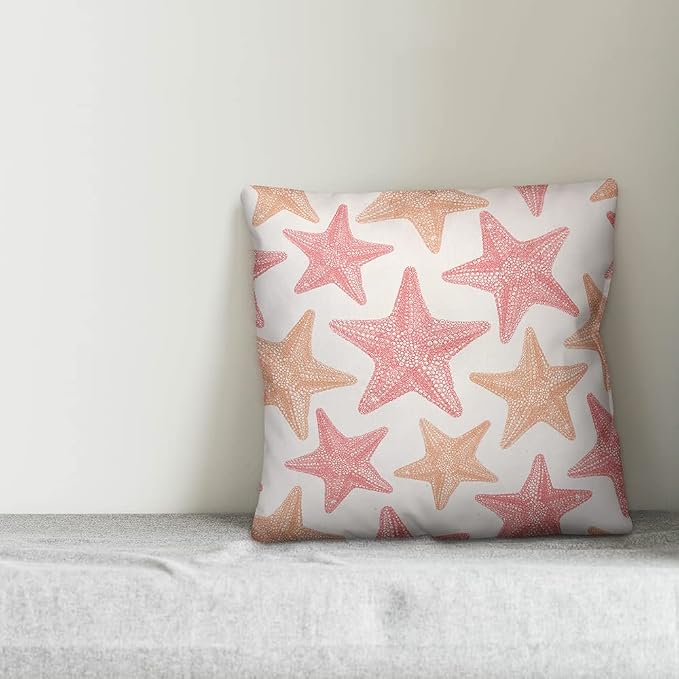 Coral Pink Starfish Indoor/Outdoor Pillow | Decorative Pillows for Living Room Couch Bed Sofa Patio, Fluffy Soft Cushion | Water Resistant Pink, 18x18