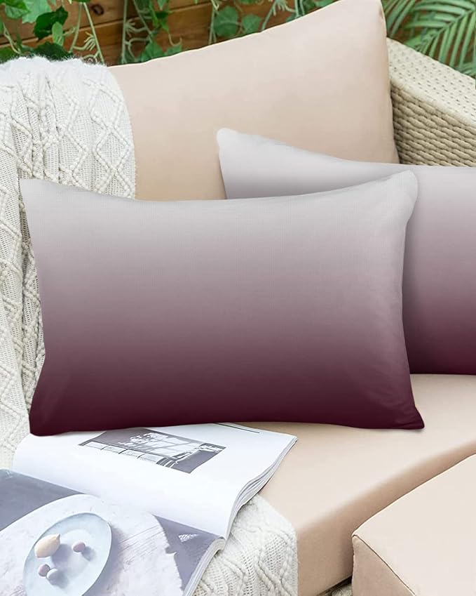 Prime Leader Outdoor Waterproof Pillow Covers Set of 2, Romantic Burgundy Gradient Patio Throw Pillow Covers, Decorative Cushion Case for Couch Sofa Furniture Garden, 20x12 Inch