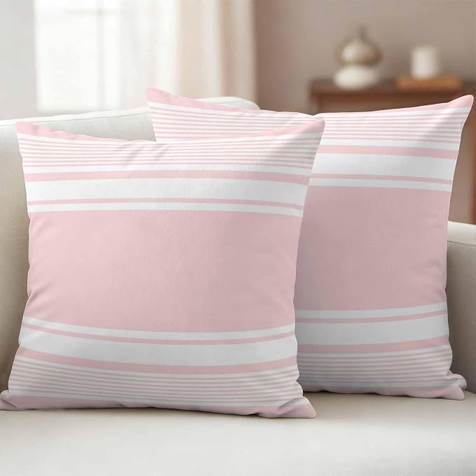 Outdoor Waterproof Throw Pillow Covers, Pink Striped Decorative Pillow Cases, Modern Color Block Farmhouse Stripes Couch Pillow Protector Patio Sofa Cushion Covers Replacement 18"x18" 2 Pack