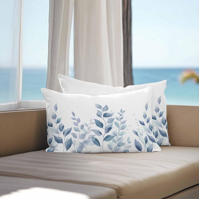 Blue Botanical Outdoor Waterproof Throw Pillow Covers 20x12 Set of 2, Pastoral Leaf Watercolor Decorative Pillowcases Cushion Pillowcase for Couch Sofa Patio Outside Pillow Protector
