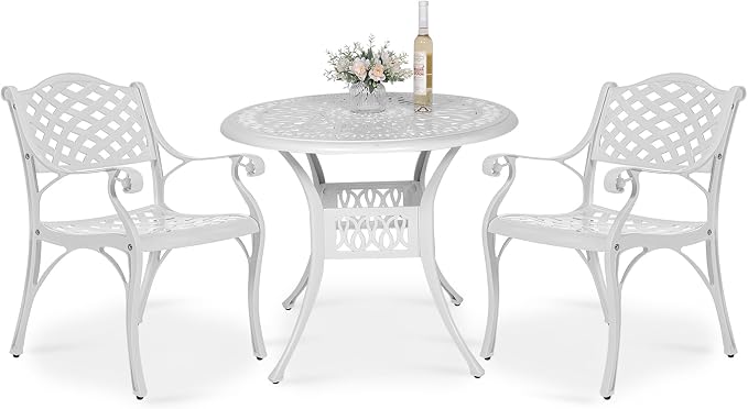 VIVIJASON 3-Piece Patio Furniture Dining Set, All-Weather Cast Aluminum Outdoor Bistro Set, Include 2 Dining Chairs and 35.4" Round Table w/ 2" Umbrella Hole for Balcony, Lawn, Garden, Backyard, White