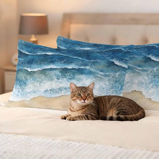 Abstract Waves Outdoor Waterproof Throw Pillow Covers Set of 2, 20"x12", Blue Ocean Spray Beach Watercolor Decorative Pillow Covers Outside Cushion Case for Patio Porch Garden