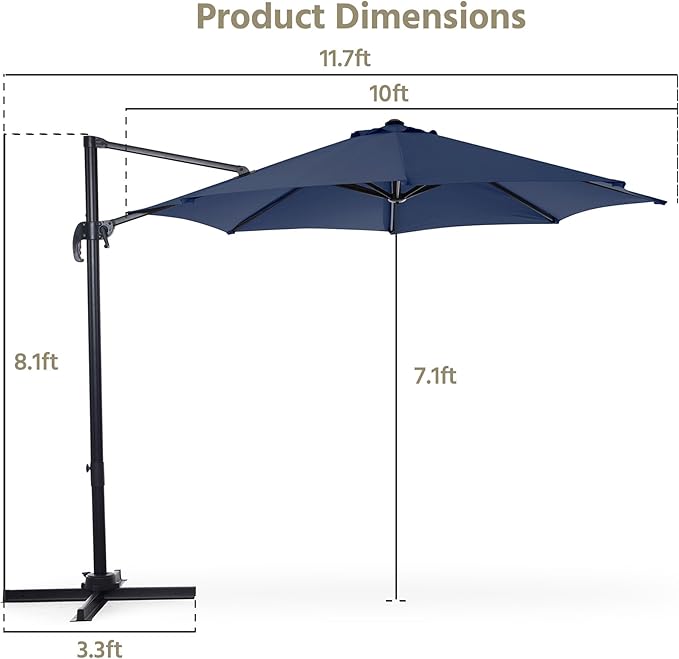 LAUSAINT HOME Patio Umbrella Outdoor, 10 FT Cantilever Umbrella Aluminum Offset Umbrella with 360-degree Rotation for Backyard, Pool, Lawn, Deck (Round, Navy Blue)
