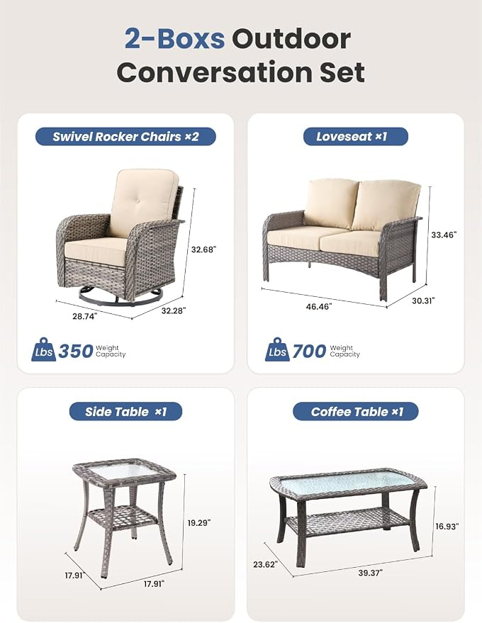 5-Piece Outdoor Patio Furniture Set with Swivel Chairs, Outdoor Conversation Wicker Sofa with Coffee Table, Rattan Couch for Deck Yard Poolside, Beige