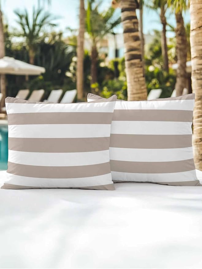 Waterproof Outdoor Pillow Set of 2 Khaki White Stripe Decorative Throw Pillows Cover & Insert 16x16 Inch Pillowcase Simple Style Striped Pillows for Couch Sofa Bed Patio Furniture Indoor Outdoor