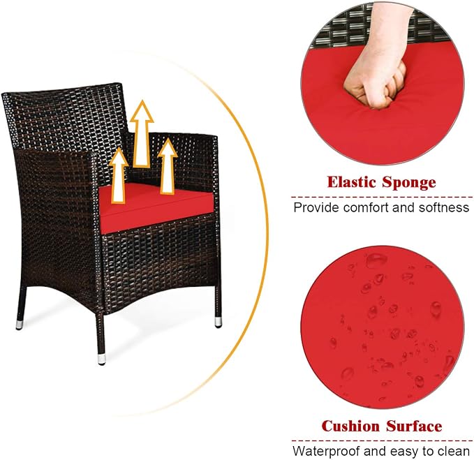 COSTWAY 4PCS Rattan Patio Furniture Set | Outdoor Wicker Rattan Chairs with Coffee Table, Rattan Cushioned Conversation Set for Backyard Balcony Porch Poolside, Red