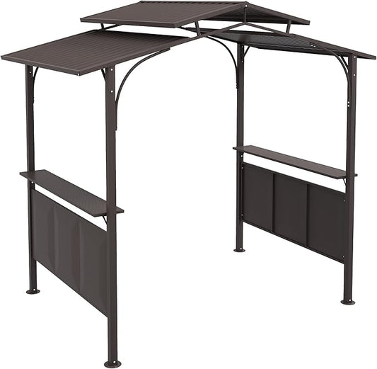 Outsunny 8'x5' BBQ Grill Gazebo with 2 Side Shelves, Outdoor Double Tiered Interlaced Polycarbonate Roof with Steel Frame, Brown