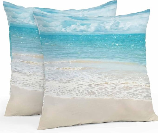 Yukro Coastal Ocean Outdoor Waterproof Pillow Covers Pack of 2, Ocean Waves Beach Sea Shore Throw Pillowcases Decorative Cushion Covers for Garden Patio Tent Sofa Couch, 26x26 inch