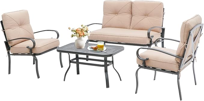 SUNCROWN 4 Pieces Outdoor Metal Furniture Patio Conversation Set Loveseat, 2 Dining Chairs and Coffee Table for Lawn Front Porch Garden, Brown Cushions