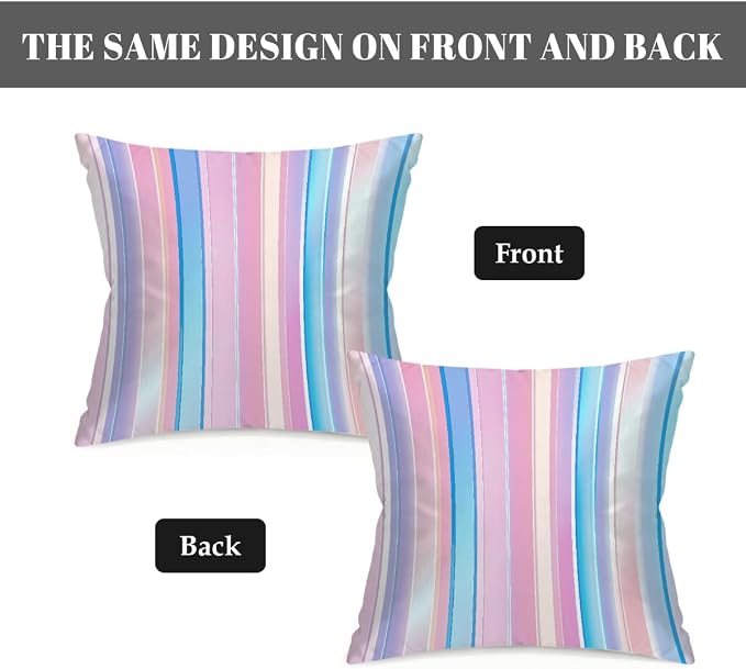 16x16 Inch Outdoor Pillow Covers Set of 2 Waterproof Throw Pillow Covers Decorative Couch Cushion Covers Pink Blue Stripes Square Pillowcases Protectors for Patio Garden Sofa