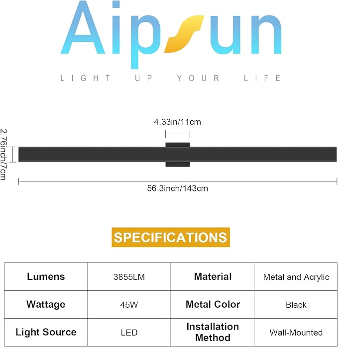 Aipsun Black Outdoor Wall Sconce 3000K 4000K 6000K, 56.3in Modern Exterior Light 1 Pack, Long LED Linear Wall Light Outside Lighting for Entrance, Hallway, Garage, Porch(3CCT)